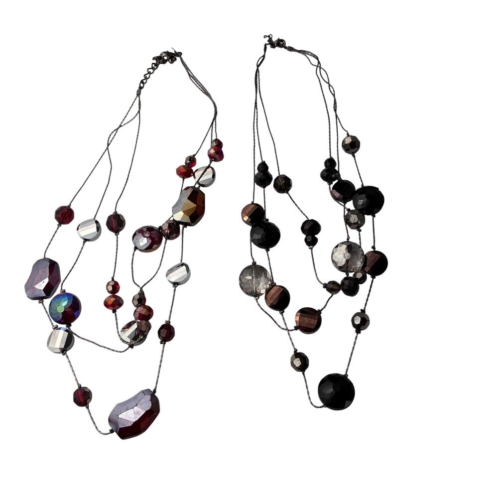 Lot of2 Multi Strand Beaded Necklaces Dark Iridescent Tones Sparkle Artsy Office